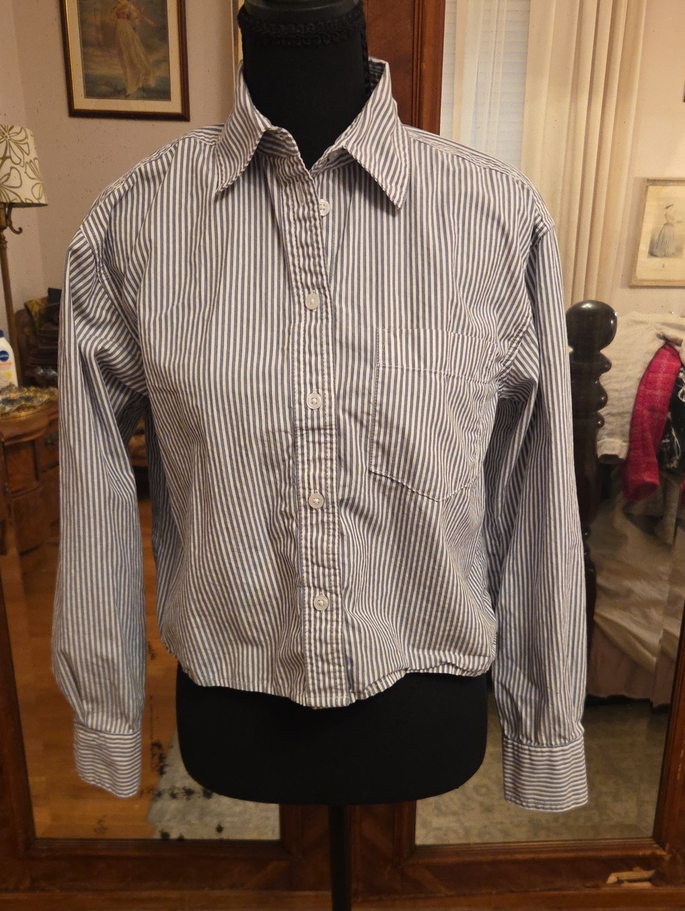 Banana Republic Gray and White Vertical Stripe Button-Down Crop Shirt
